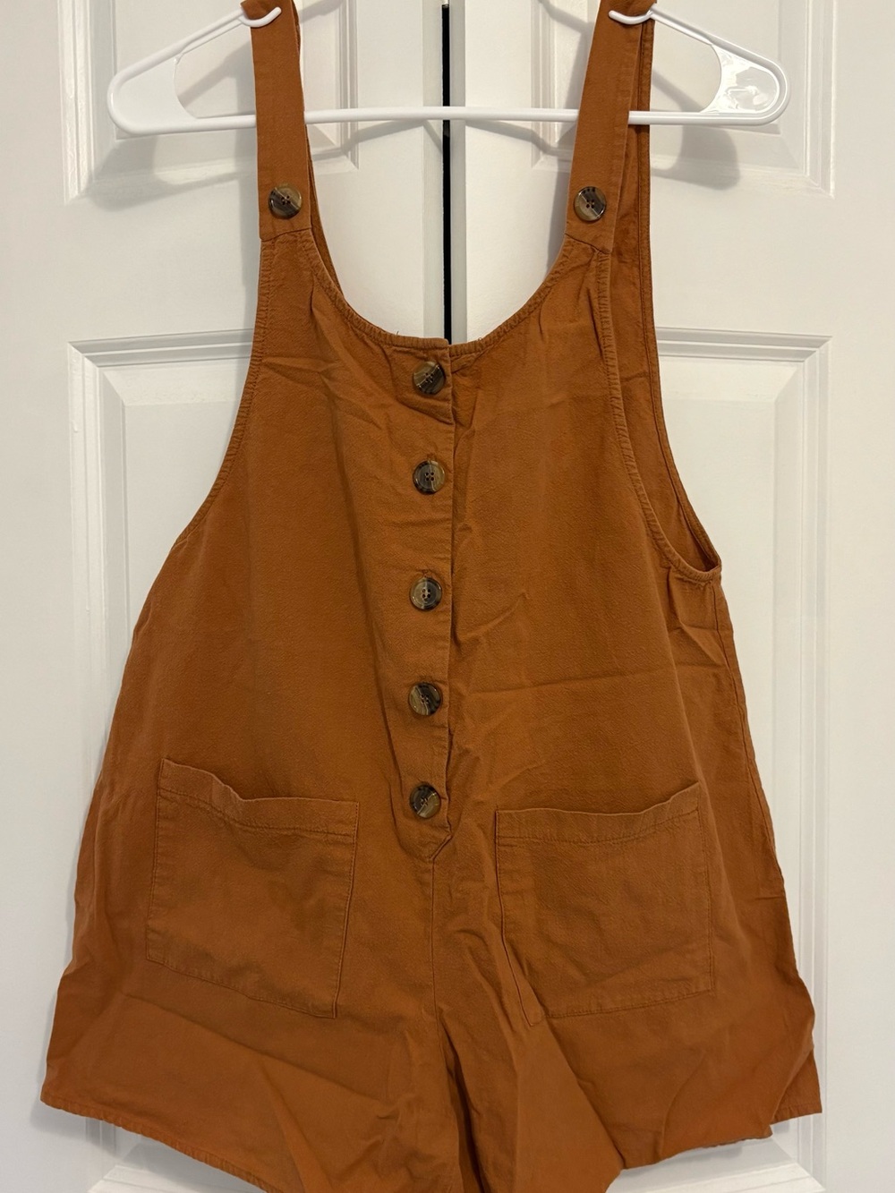URBAN Romantics Rust Brown Button-Front Short Overalls Romper